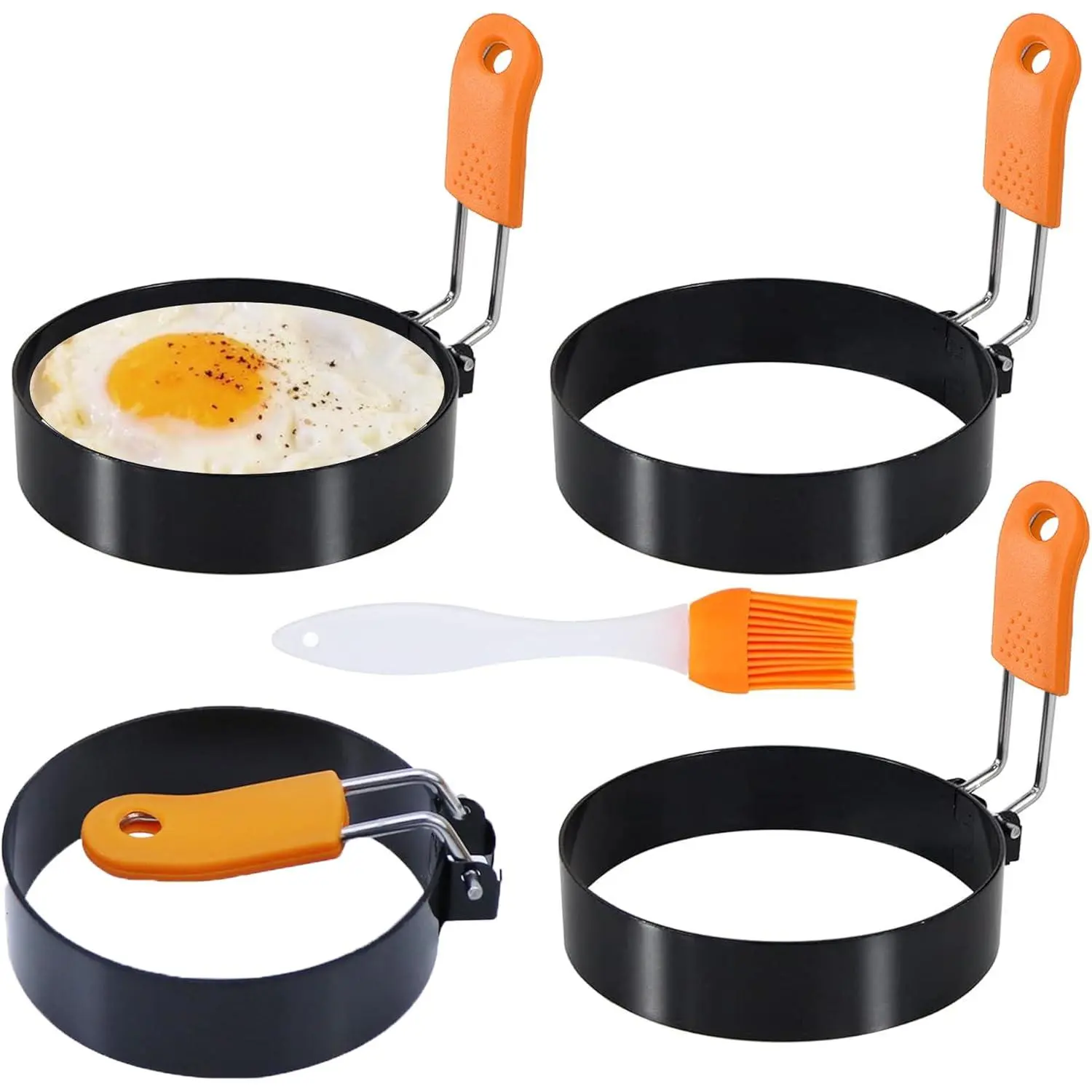 3.5 in Stainless Steel Circular Egg Rings (Set of 4) with Silicone Handle & Oil Brush, Handy Kitchen Utensils, Oven-Safe Round Muffin Griddle Shaper for Indoor Breakfast Sandwiches, Circular Mold