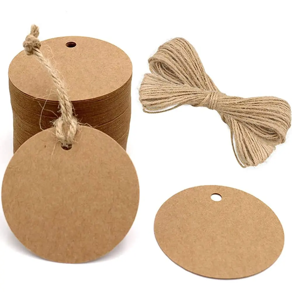 Round Shape Kraft Paper Gift Tags with Attached String, 2.2x2.2 inch Circle Tags for Clothing, Cupcake Party Favors DIY Crafts, Logos, Custom