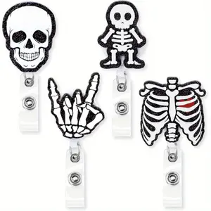 4 X-ray badge scrolls with retractable clips-medical skull design (skull, hands, ribs), suitable for nurses and doctors, Halloween, professional or role-playing-Halloween costumes, solid clips, weird patterns, solid structures, medical workers.