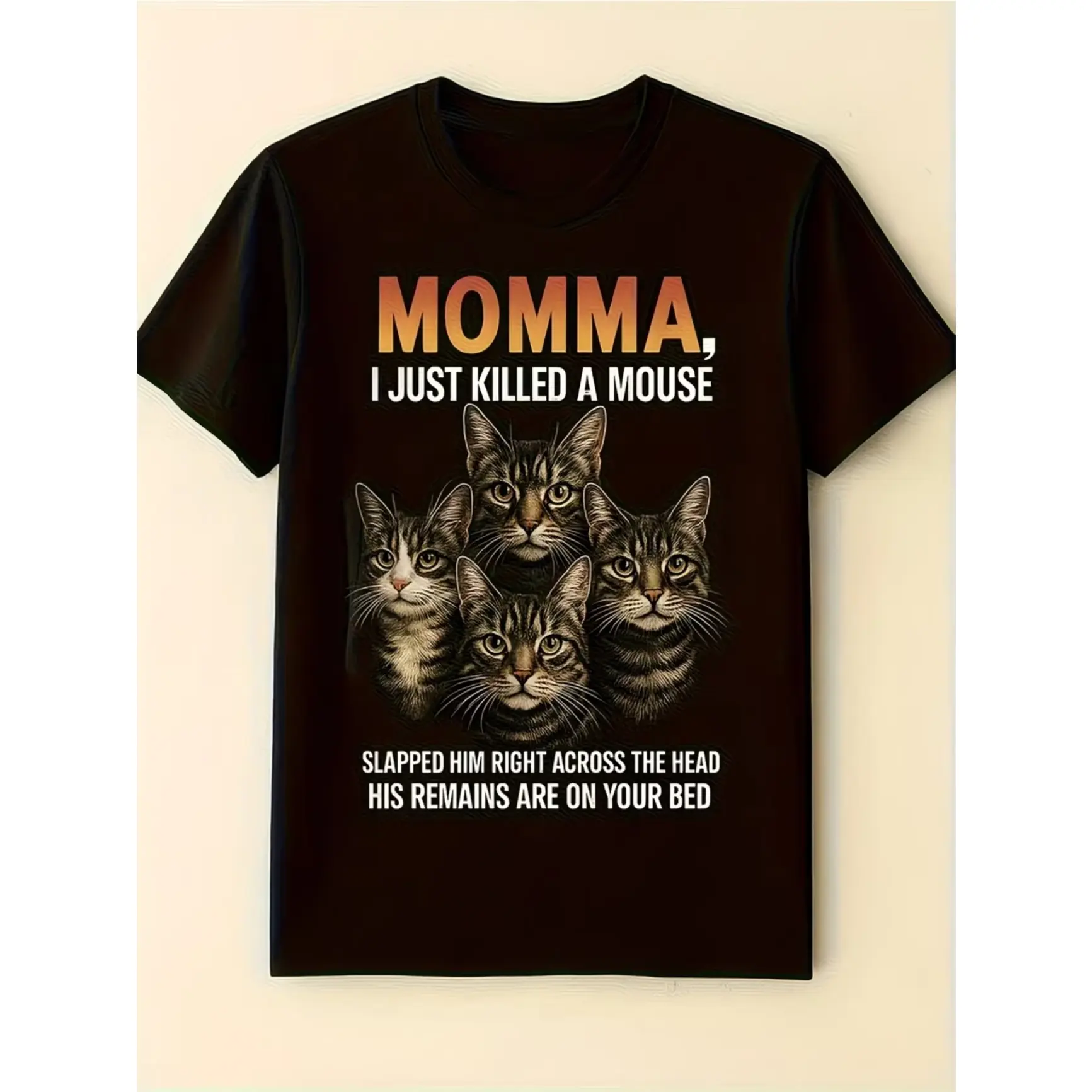 Oversized Comfort Cotton Graphic Tee, Momma I Just Killed A Mouse Tabby Cat Fashion Outfit,SummerVibes, Funny Cat Pet Humor Casual Shirt, Ideal Valentine Holiday Present For Him Her Tabby Cat Owner Cat Pet Lovers