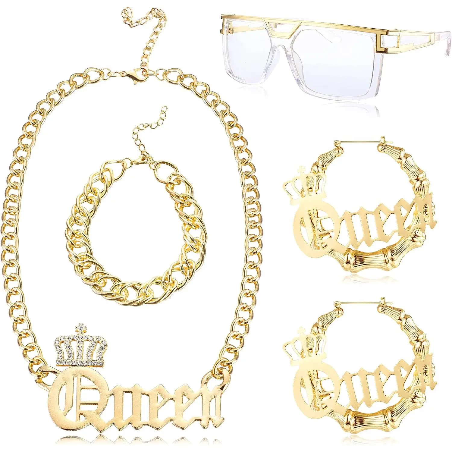 80s/90s Accessories for Women Men Costume  Accessories Set | 90s Outfits for Women,  Hop  Necklace Earrings Set, Cuban Link Chain, Punk Rapper Costume  Set for Halloween