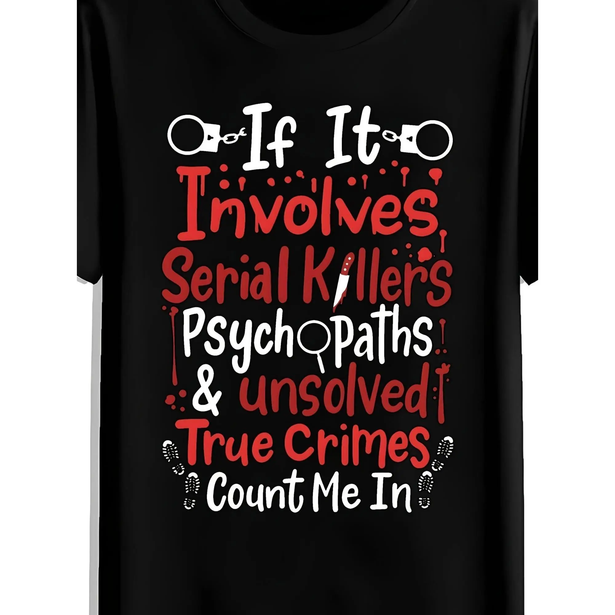 Men's Crime Theme Short-Sleeve Casual Tee, Fashion Sports Top, Red Black Crime Scene Pattern, Gift for Podcast Listeners, 226 Summer Printed Enthusiast Tee