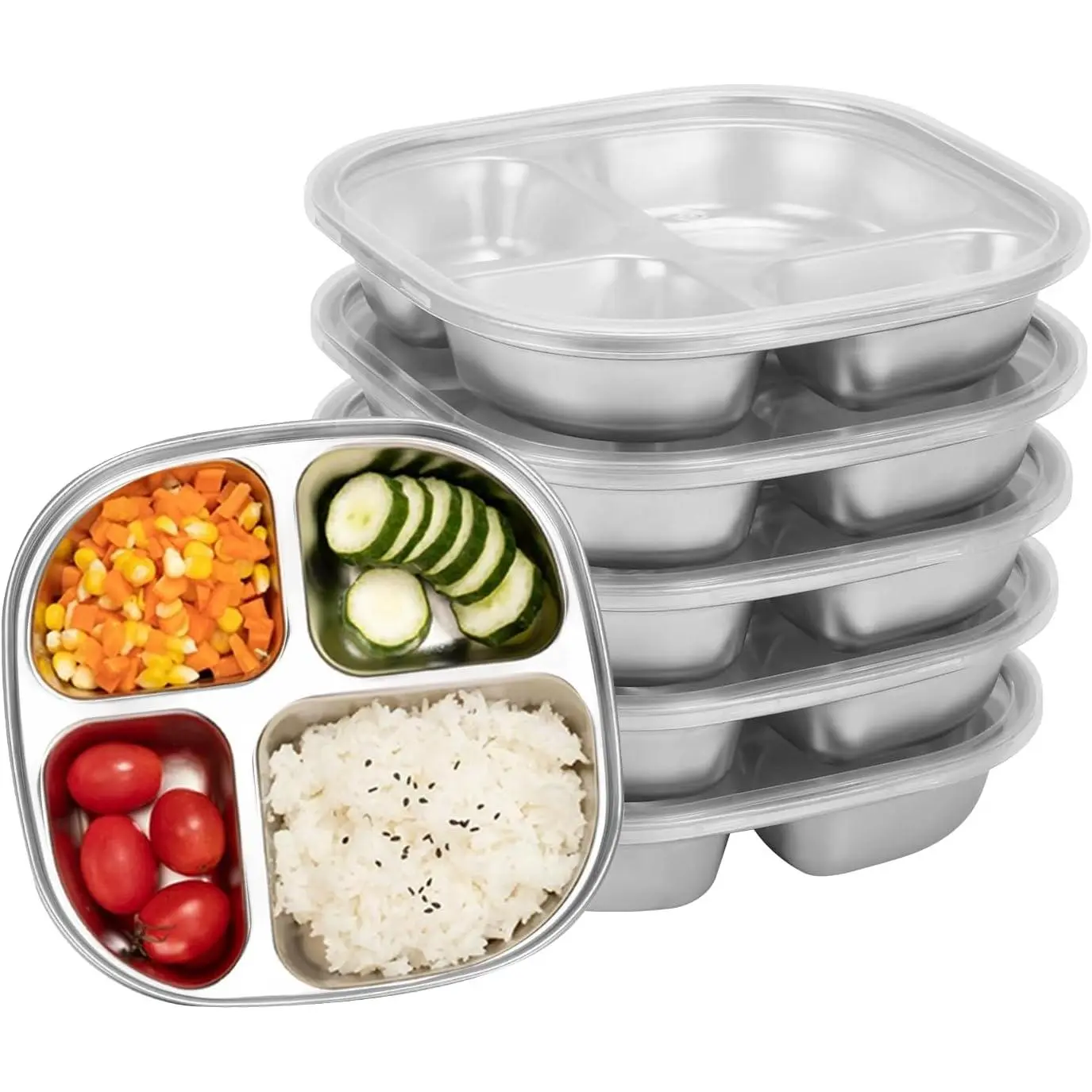 5-Pack Stainless Steel Divided Plates with  – Adults Portion Control Meal Trays – , , Shatterproof – 4 Sections for Balanced Meals, , School, Travel – Dishwasher Safe