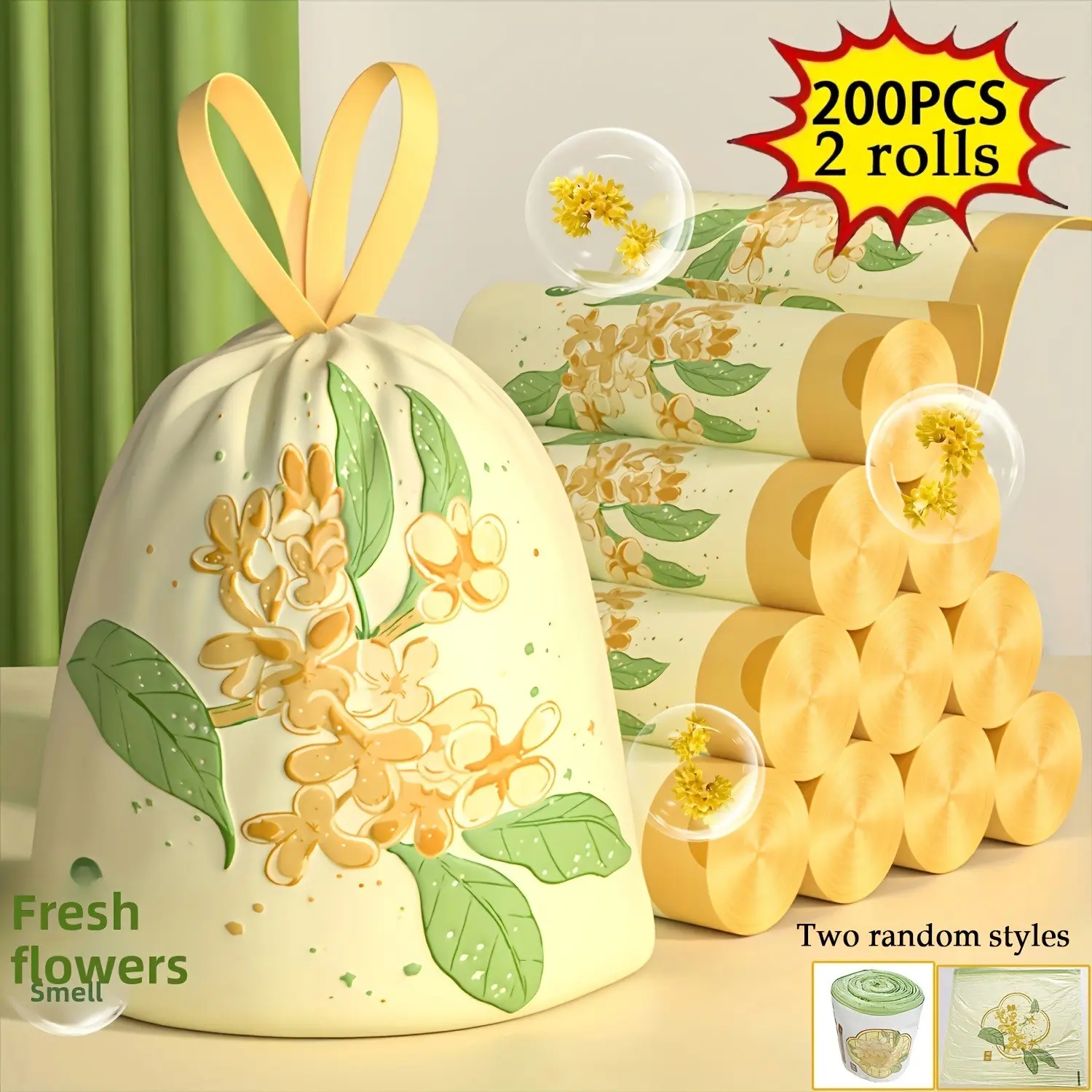 200 Count Thick Plastic Trash Bags, 4 Rolls, Large Scented Osmanthus Handheld Garbage Bags, Ideal for Kitchen, Office, Restaurant, Outdoor Use