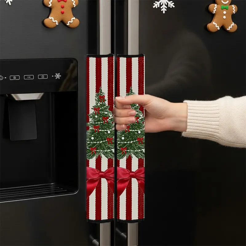 2pcs Red and white striped Christmas tree print glove set. Winter holiday home kitchen decoration, suitable for refrigerators, microwaves, ovens and dishwashers.