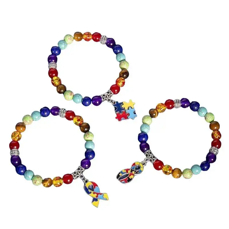 Rainbow Beaded Bracelet with Natural Crystal Stones & Puzzle Charm | Unisex Sensory Support Jewelry for Adults, Gift for Therapist, Teacher Appreciation, Crystal Beads, Charm Charms