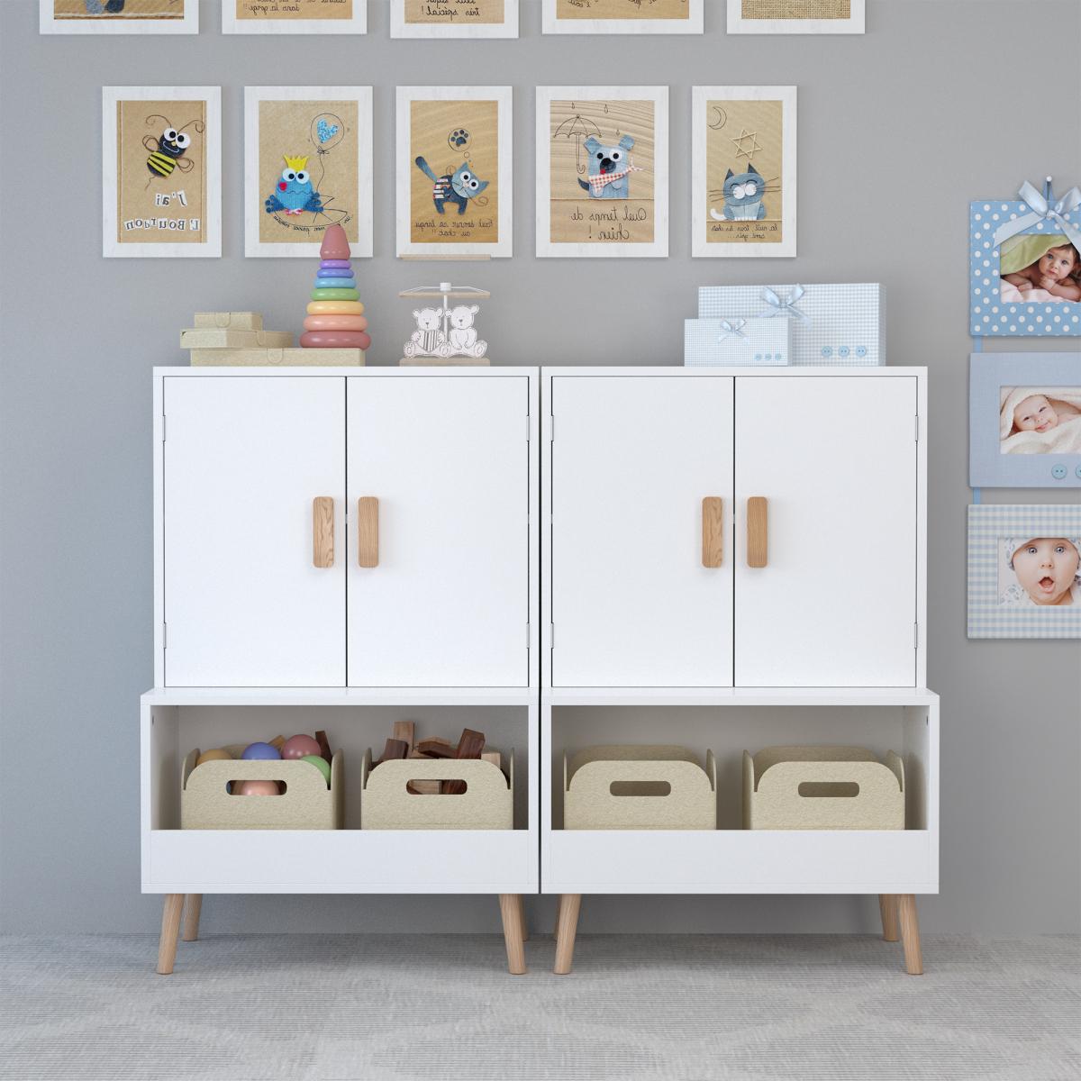 Kids Toy Storage Cabinet with Doors and Open Shelf, White Modern Wooden Organizer with Natural Wood Legs, Toddler Bookshelf for Playroom, Nursery, Bedroom