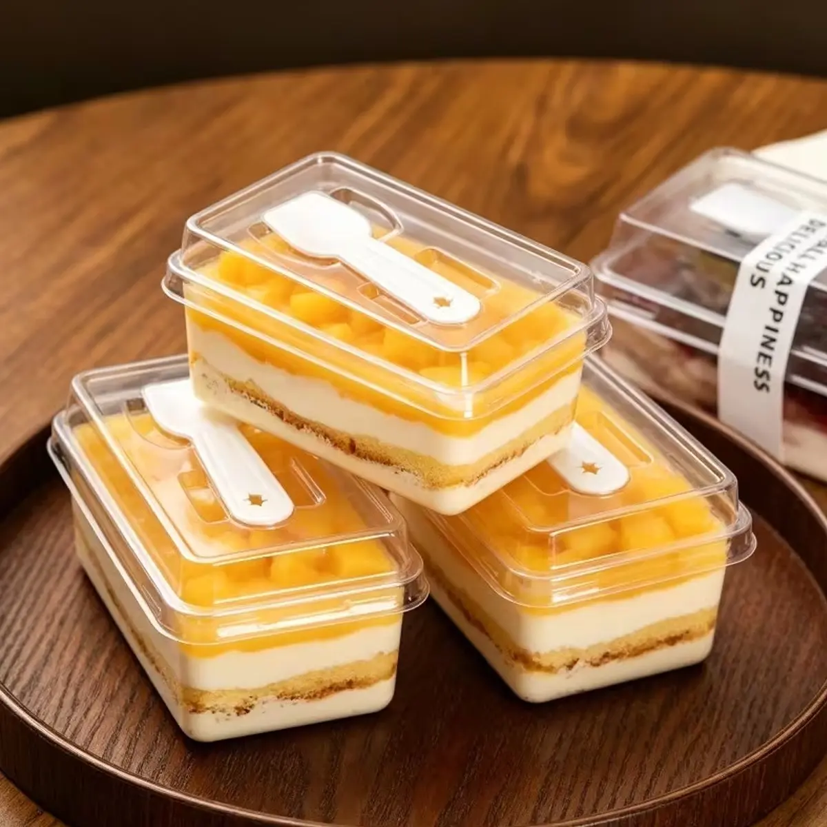 Rectangular Dessert Box Set with Lid and Spoon, Clear, Ideal for Tiramisu, Pudding, Jelly, Yogurt, Mousse, Cake, Fruit, Candy, Snacks, Plastic Containers Set