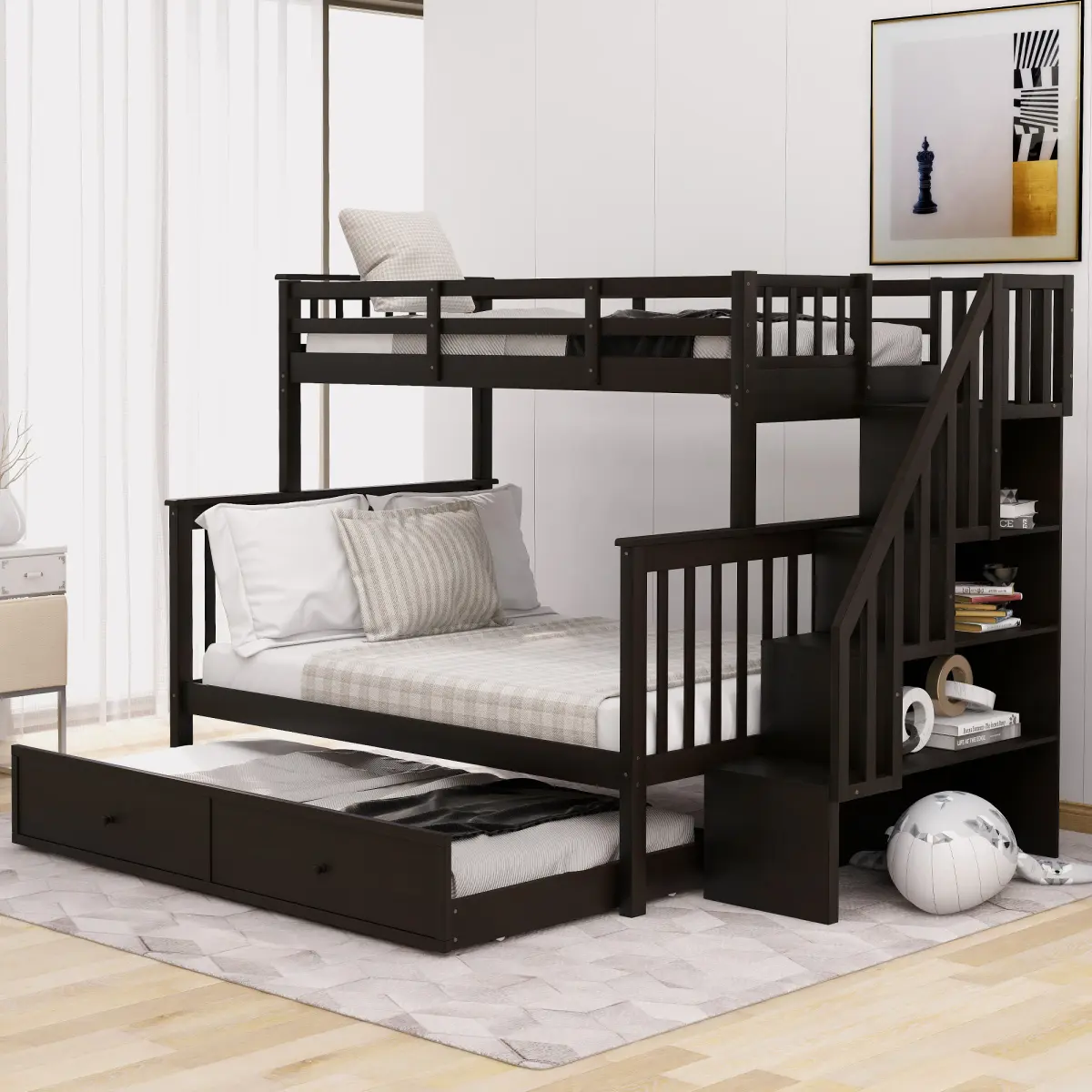 Wood Modern Loft Bed - Adjustable Twin-Over-Full with 6-Inch Twin Trundle, Storage Shelves, Guard Rail for Adult Espresso Bedrooms (OLD SKU: LT000119AAP), Loft Beds