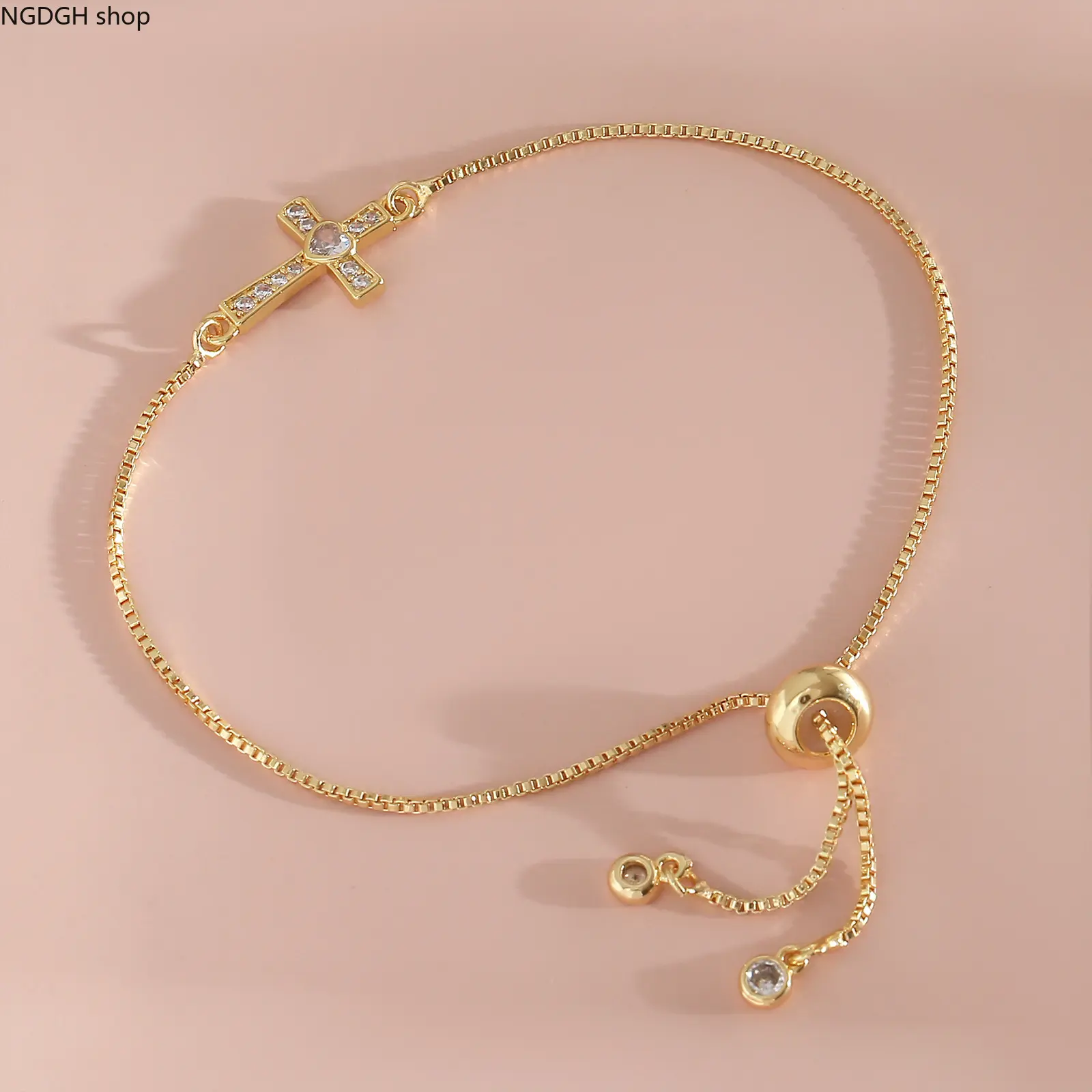 Women's Dainty Cross Bracelet, Gold-Tone Chain with Zircon Pendant and Adjustable Sliding Clasp for Layering, Female, Cross Pendant, Fashion Layering, Adjustable Slider Bracelets, Chain Bracelet
