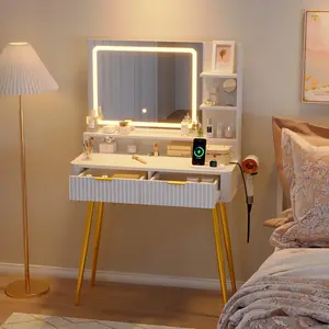 White Makeup Vanity Desk, Modern Wooden Dressing Table with 2 Drawers & Charging Station, Small Vanity Table for Bedroom summerwins