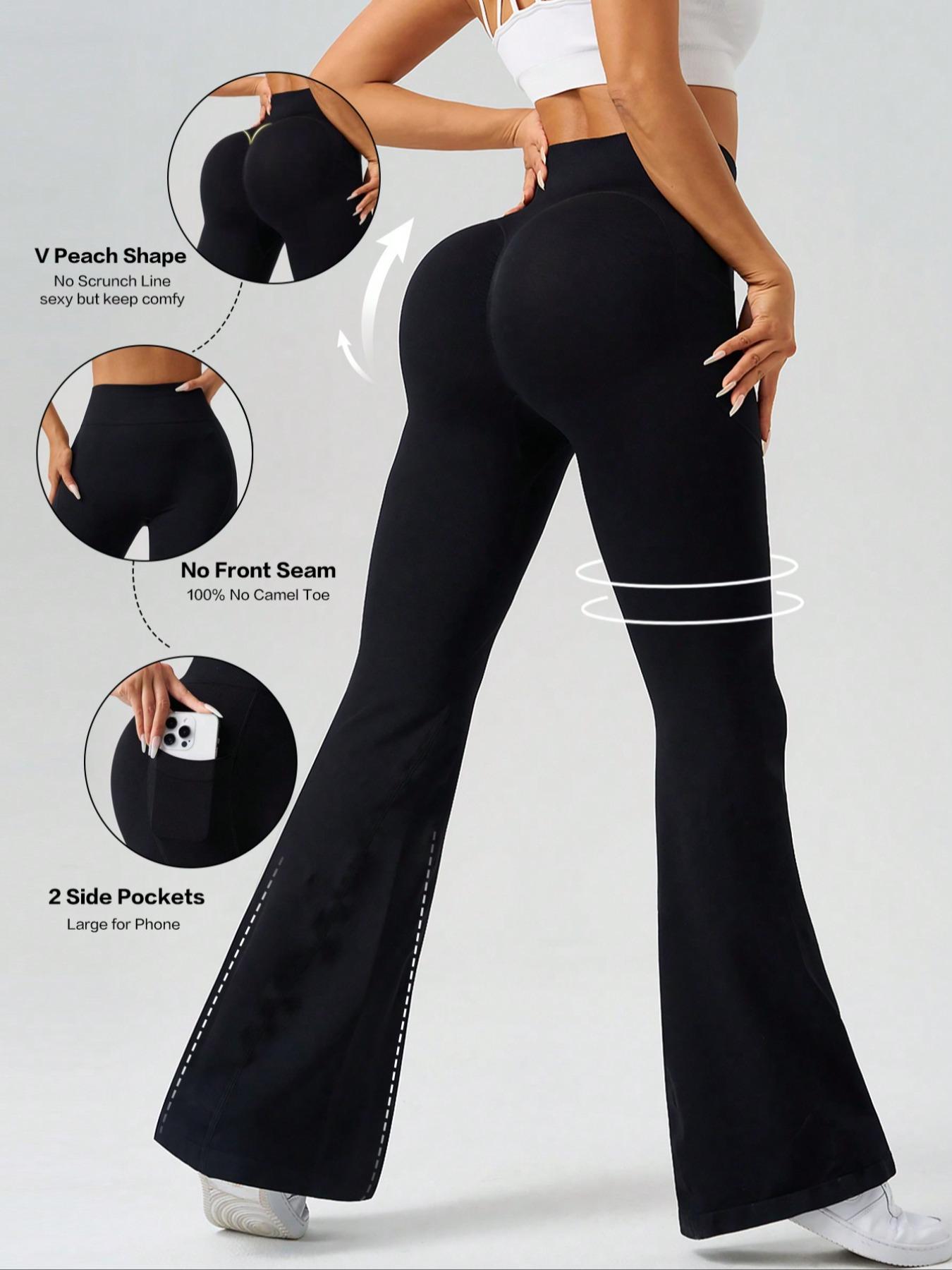 Women's Solid High Waist Flare Leg Sports Leggings, Athleisure Fitness Leggings, Casual Comfy Pocket Design Bell Bottom Trousers for Yoga Gym Workout Running, Ladies Sportswear for Fall & Winter