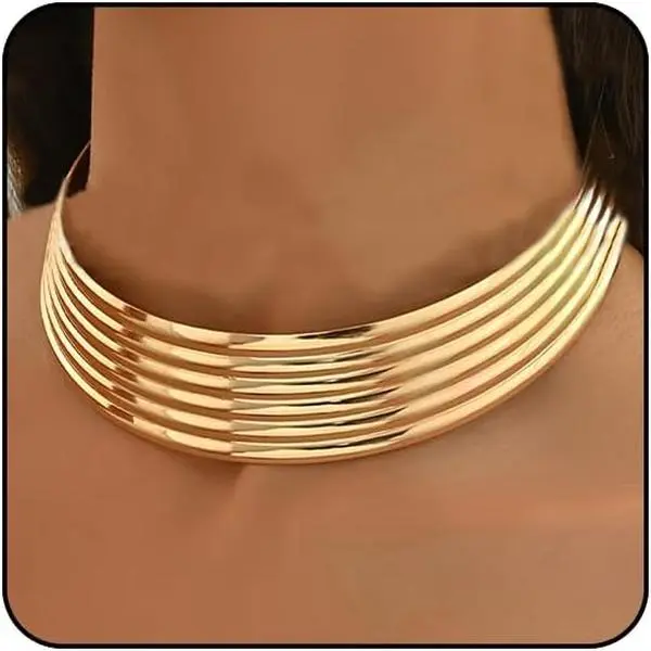 Women's Chunky Gold Vintage Retro Choker Necklace - Wide Statement Collar, African Costume Accessory
