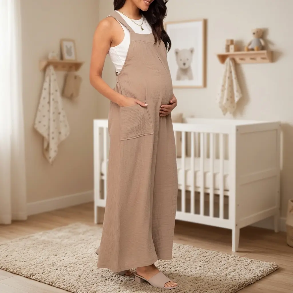 MUSBUY Maternity Plain Polyester Crinkle Gauze Overalls - Sleeveless Fitted Tank Jumpsuit, Adjustable Back Tie, Deep Pockets, Stretch Waist, Safe Material, for Pregnancy (Size S)