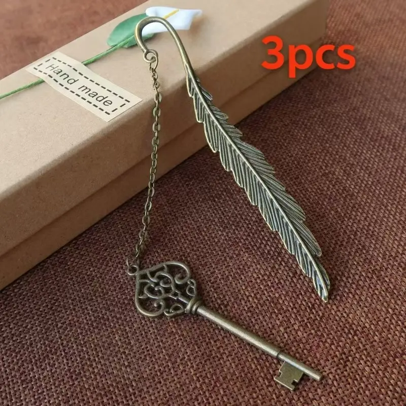 3pcs Victorian-style metal feather bookmark | Retro-made old craft iron book clip set | Removable key pendant | European-style palace hollowed-out carved artistic gifts