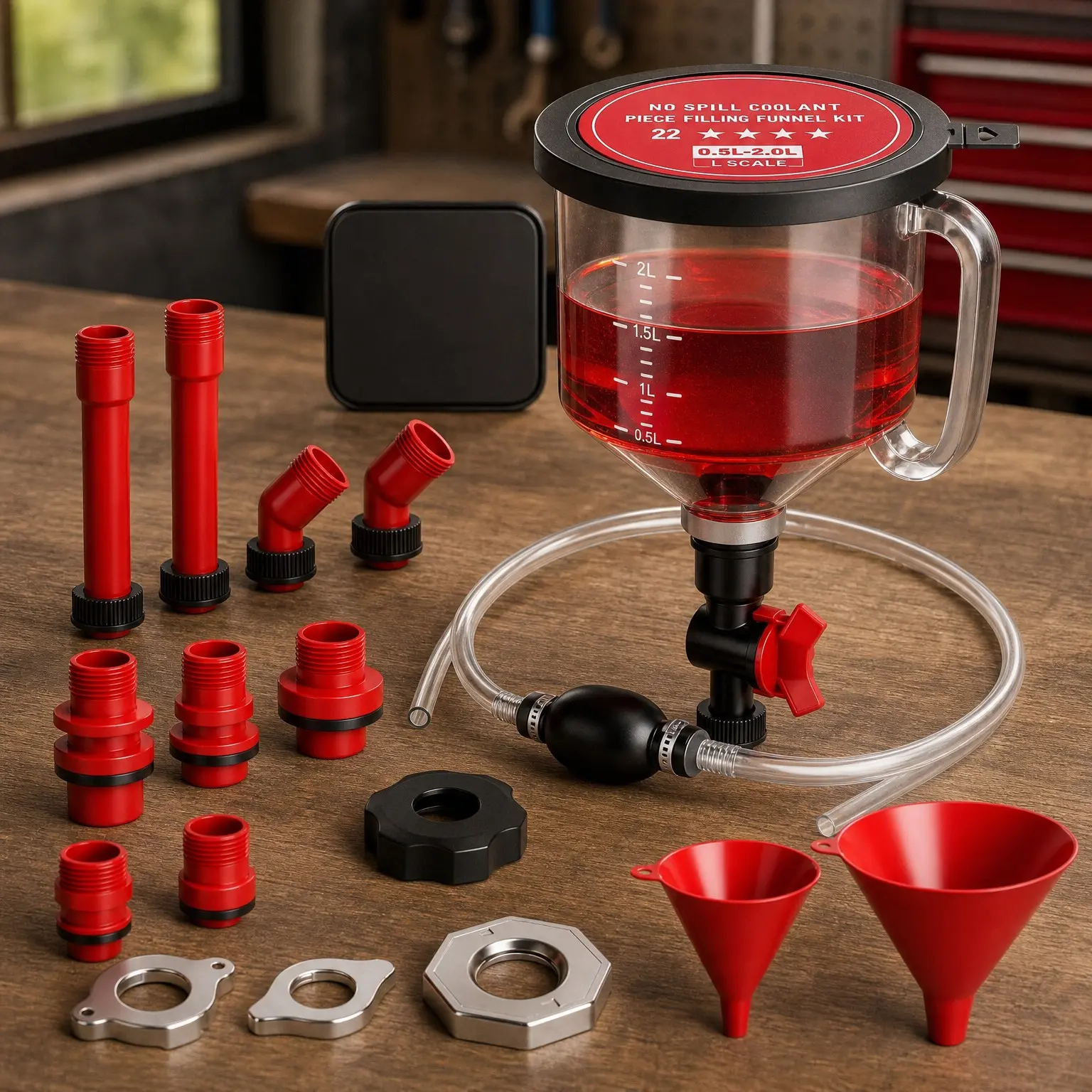 22-Piece No-Spill Coolant Funnel Kit with Siphon Hose Pump, Radiator Filling Adapters, Extensions, PVC Hose, Engine Oil Funnels & Towel for Universal VehiclesGift