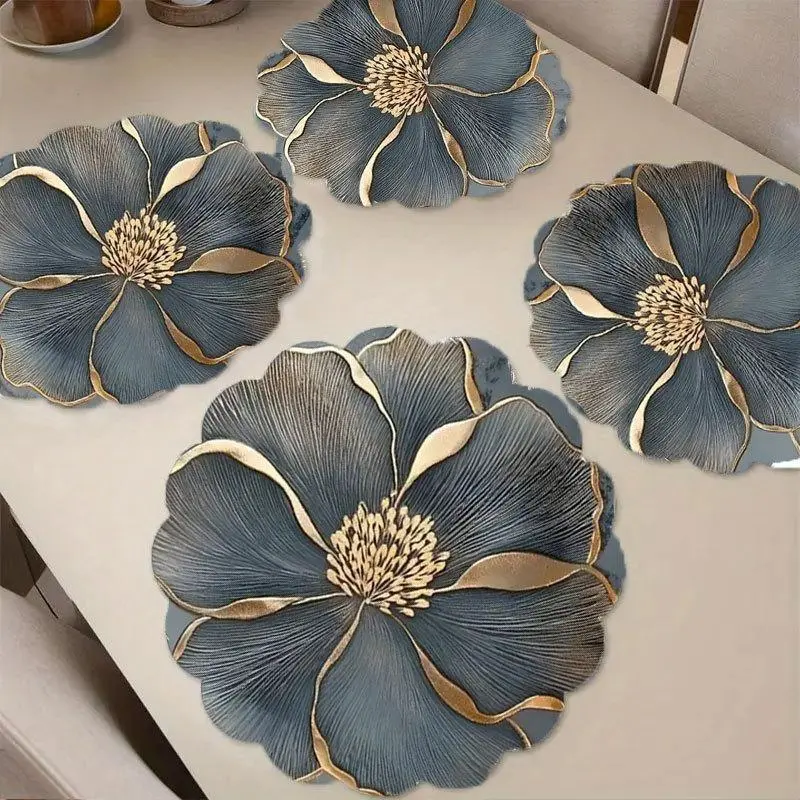 4Pcs Luxury Floral Round Placemats Gold Foil Edge Flower Dining Table Mats Heat Resistant Waterproof Washable Placemats Set for Dining Table Kitchen Party Decor