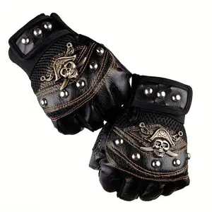 Men’s Pirate Studded Skull Half Finger Gloves, Gothic Outdoor Sports Fingerless Gloves, Breathable Cycling Moto Gear, Trendy Accessory For Halloween Party & Holiday Outfits