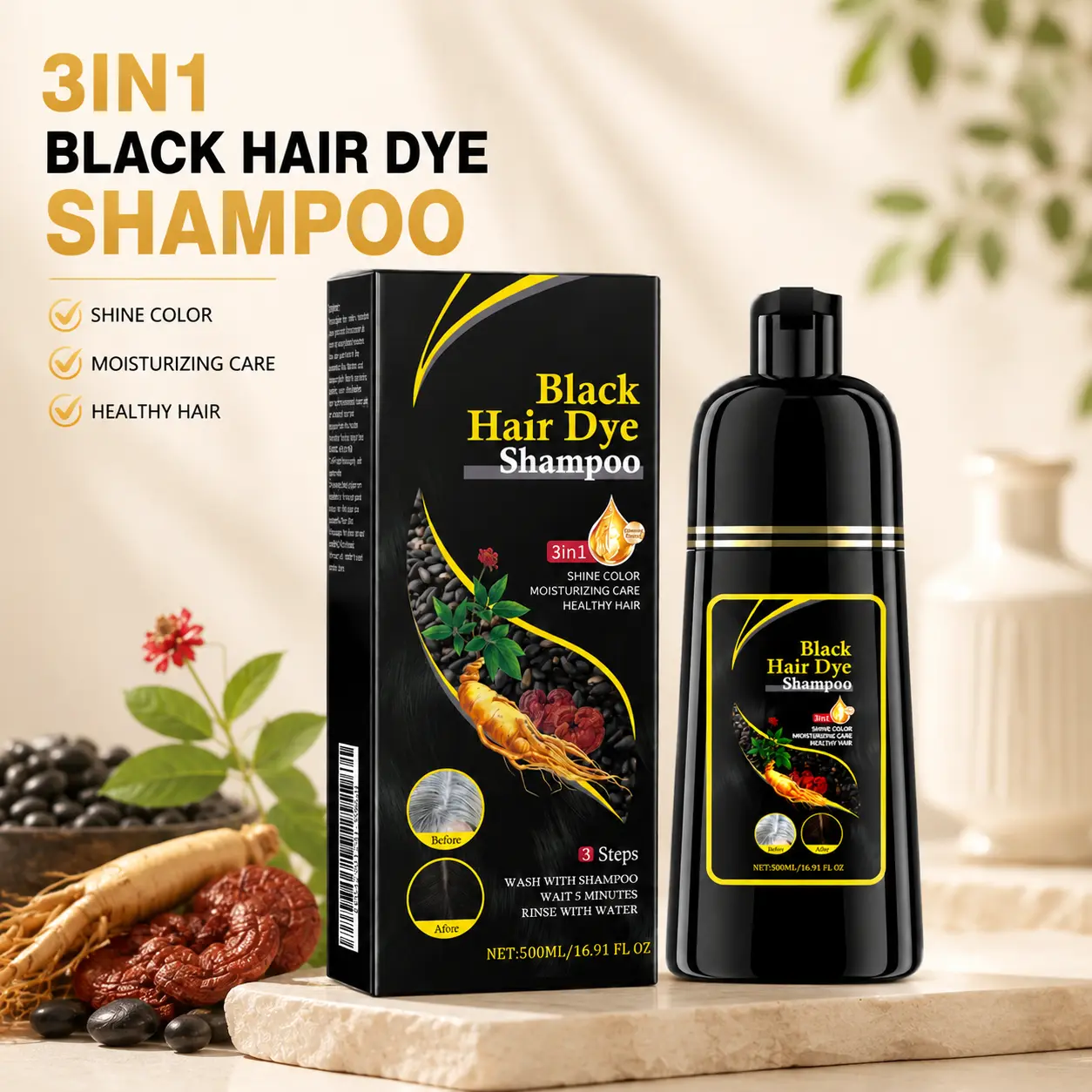 EELHOE Natural Herbal Black Hair Dye Shampoo, Polygonum Multiflorum Infused 3‑in‑1 Hair Coloring Shampoo, Repair Damaged Hair, Moisturize Scalp, Cover Grey White Hair, Quick Home Hair Dye Treatment for Daily Hair Care