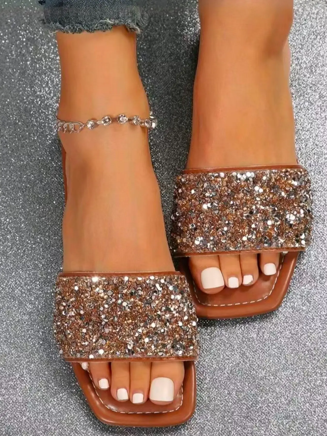 Women's Glitter Slippers, PU Leather, Rubber Sole, Anti-Slip, Fashionable, Comfortable, Ideal for Home, Shopping, Dates