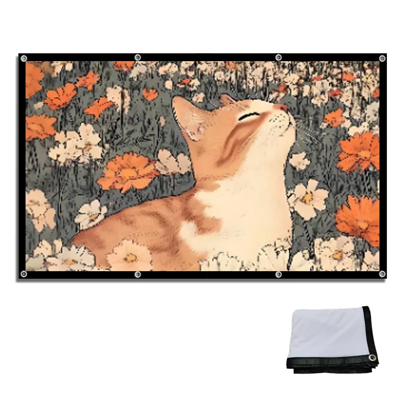 60-150 inch projector high-definition screen, home movie screen, outdoor folding portable easy hanging soft screen projector screen, no need for punching holes, with hooks, indoor and outdoor, office, conference room, etc. 16:9