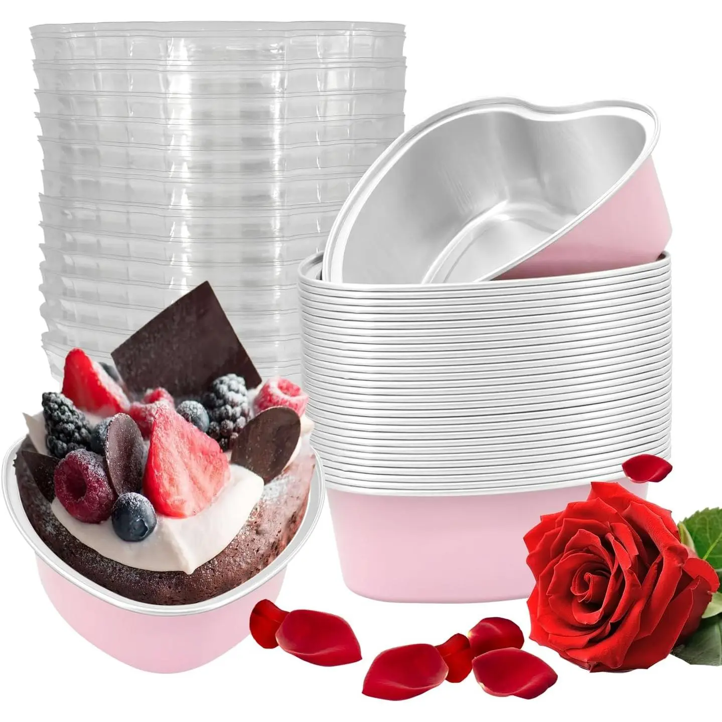 30-Count Heart Shaped Disposable Foil Baking Pans - Romantic 100ml/3.4oz Mini Bake Utensils, Cupcake Containers for Valentine's Day, Wedding Parties