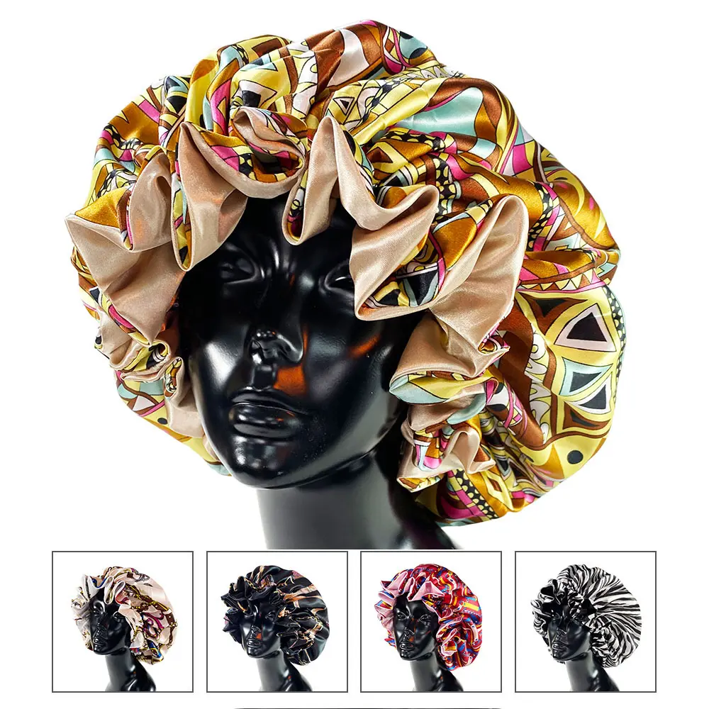 Botanical Print Satin Sleep Cap for Women, Double-Layer Multipurpose Bonnet for Bath and Hair Protection, Protects Hair, Bonnet Shape, Haircare, Heatless