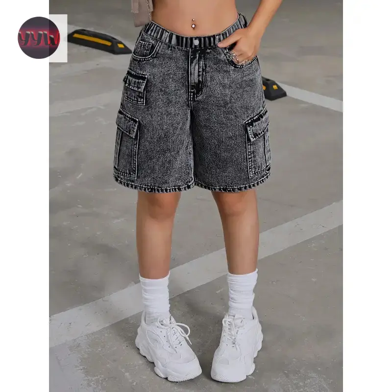 YYW1 Girls' Low-Waist Loose-Fit Cargo Shorts, Elastic Waistband Multi-Pocket Short Pants, Mid-Thigh Soft Casual Wear Kids' Bottoms