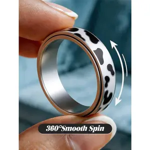 Cow Print Ring For Women–18K Gold Plated Stainless Steel Rotating Band,Black & White Enamel,Anti-Anxiety Stress Relief