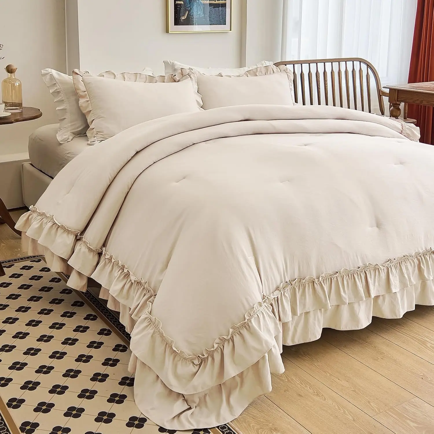 Camel Ruffle Comforter Set Queen, 3 Pieces Vintage Ruffle Comforter, Farmhouse Rustic Microfiber Down Alternative Bedding (1 Comforter + 2 Pillow Shams)