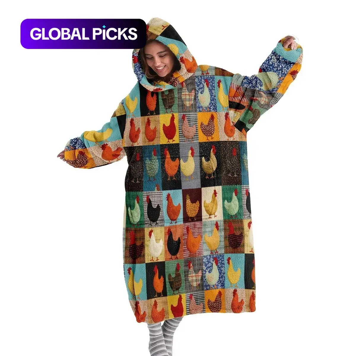 Wearable Hooded Blanket Throw, Patchwork Chicken Design Flannel Hoodie Blanket, Digital Print Soft & Warm, Cozy Hooded Blanket, for Sofa, Office, Bed & Travel, Blanket for couch, Washable Funny Blanket, Blanket Gifts, Christmas Gift #GLOBAL PICKS