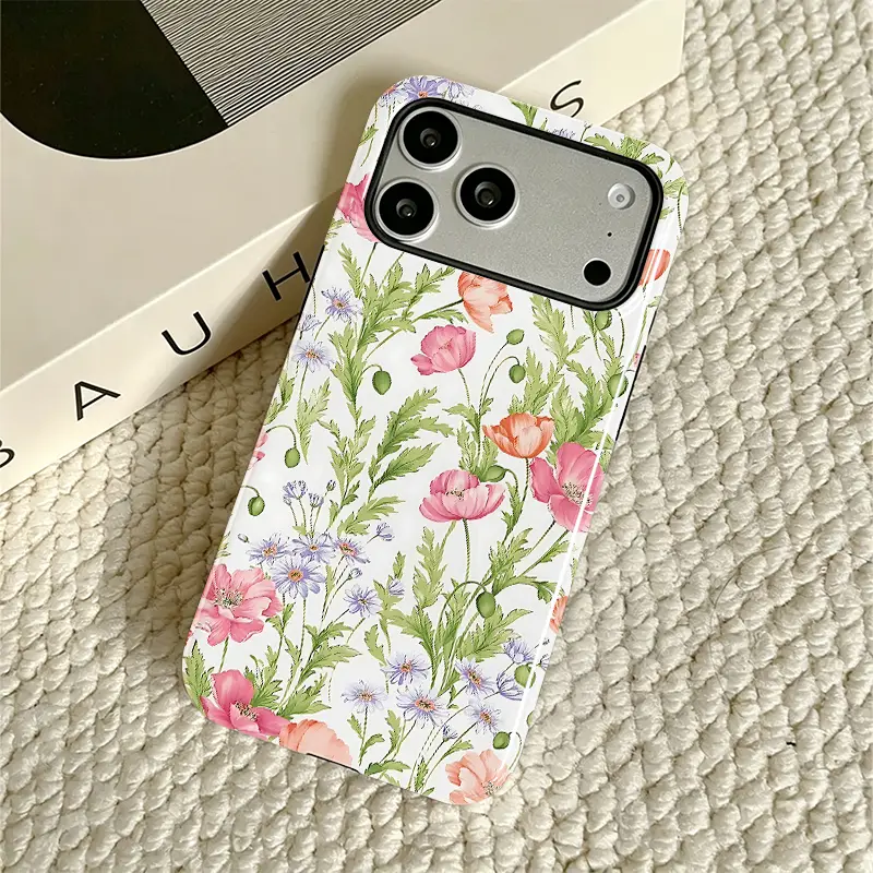 Vintage Advanced Watercolor Poppy Daisy Bloom 2‑in‑1 Glossy Film Phone Case For iPhone 17 Pro Max 16E 15 Plus 14 13 12 11｜ Aesthetic Dual‑Layer Anti‑Drop Protective Shell