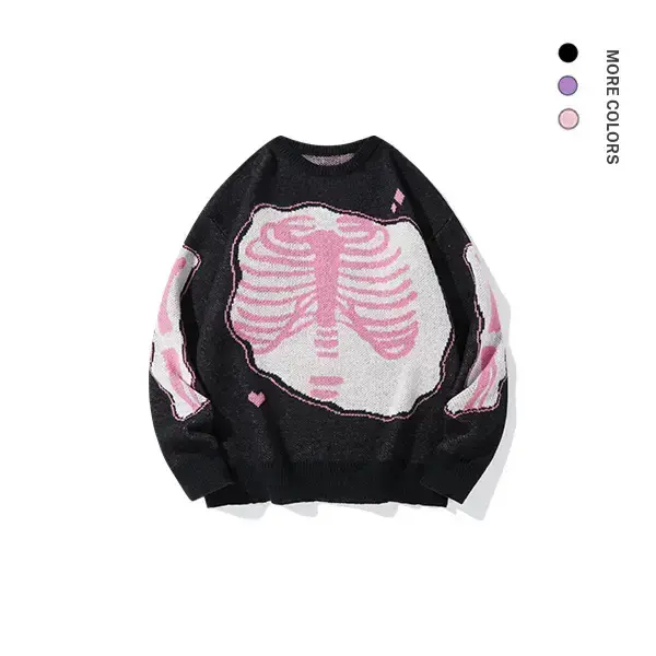 Women's Oversized Baggy Crew Neck Long-Sleeve Knitwear Piece - Soft Comfortable Fabric, Skull Skeleton Print, Black with Unique Pink Bone, Multi-Color Options, Casual Hangouts Essential, Matches Chinos/Jeans, NO:2623, Sweater, Machine Wash, Polyester Knit