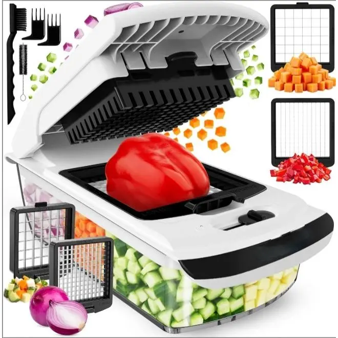 18-in-1 Compact Frame Kitchen Prep Tool Set, Heavy-Duty Stainless Steel Interchangeable Blade Vegetable Chopper Spiralizer, Onion Fruit Cutter with Large Cap Container, White Daily Use Peelers & Utensils Gadget, Heavy-Duty Blades