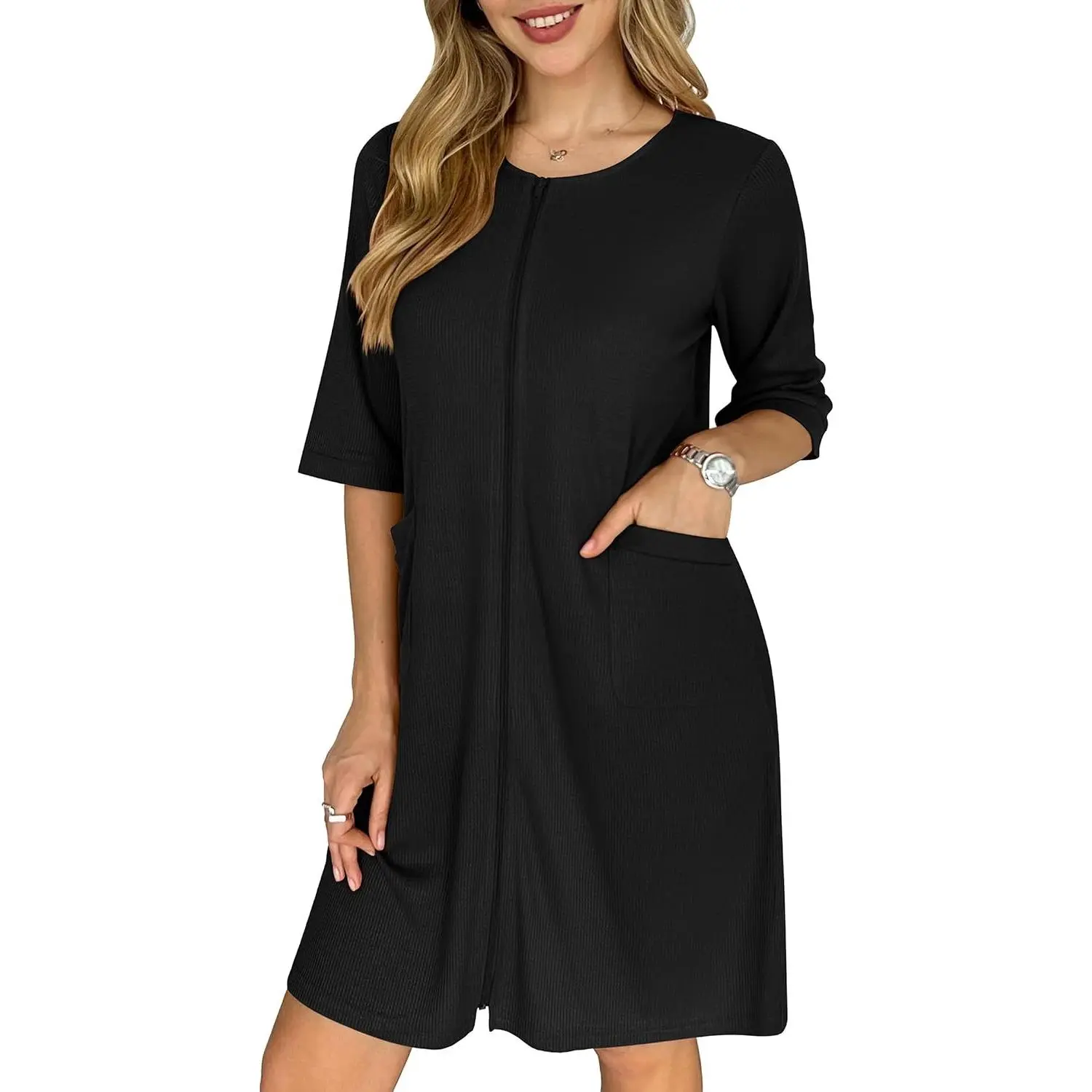 Zip Up Robes for Women Short Waffle Bathrobe Lightweight house coat 3/4 Sleeve Soft Nightgown with Pockets S-3XL