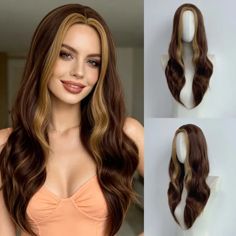 Middle Part Curly Full Wig for European American Women, Matte Non-Shiny Heat Resistant Synthetic Hair, Breathable Rose Net Adjustable Cap Glueless Full Head Hairpiece for Daily Party Wear