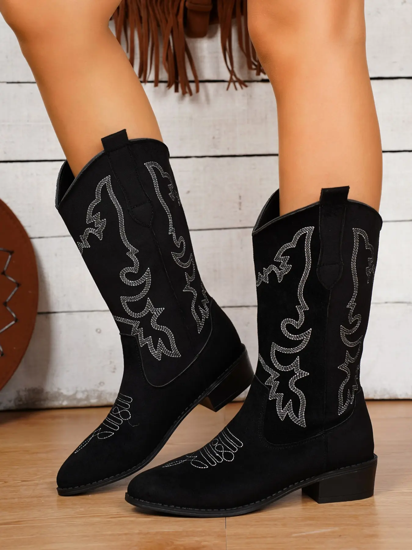 Women's Fall Winter New Pointed Toe Thick Heel Mid-Calf Boots, Slip-On Embroidery Design, Retro Western Cowboy Boots, Outdoor Warm Fashion Shoes, Embroidered Cowboy Boots