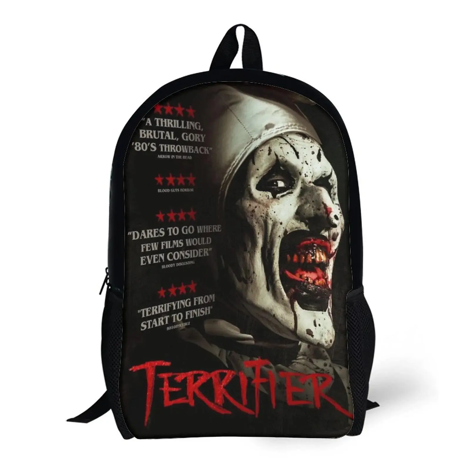 Terrifier Preppy Front Print Backpack - Halloween Horror Character Design, Waterproof High-Density PU Synthetic Polyester Oxford Cloth, Durable, Comfortable Adjustable Straps, Sturdy for Office & School Carry Items (Unisex)