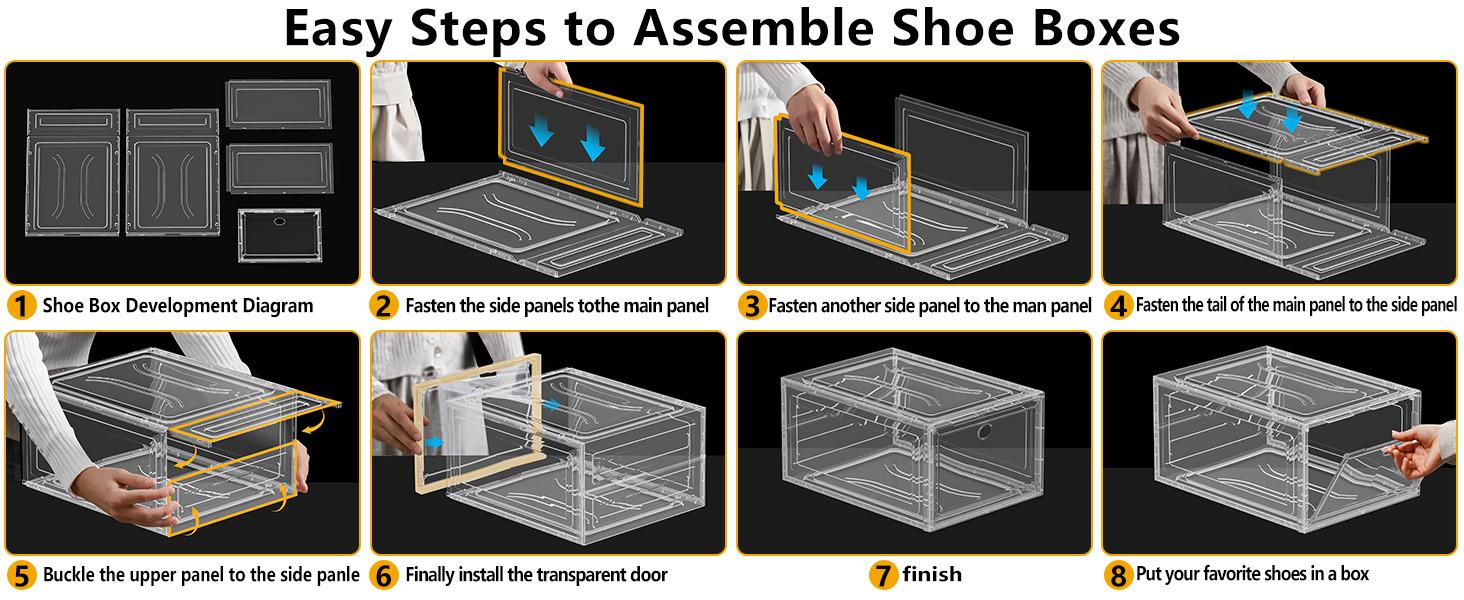Thickened Clear Shoe Storage Organizer with Magnetic Door, Sturdy Stackable Shoe Boxes for Closet, Collapsible Space-Saving Shoe Rack for Sneakers & Boots, Plastic Shoe Cabinet Box Set, 6 Pack, White
