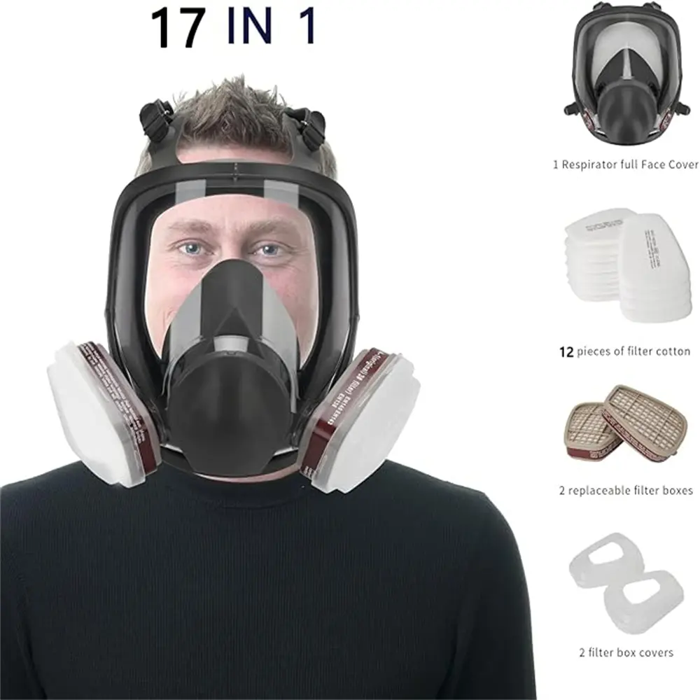 Full Face Respirator Mask Reusable, 17 IN 1 Gas Mask with Filters, Dustproof Gasproof Mask, Protective Respirator, Safety Equipment, for Paint, Against Dust, Decoration, Car Spraying, Sanding, Cutting and Other Work Protection