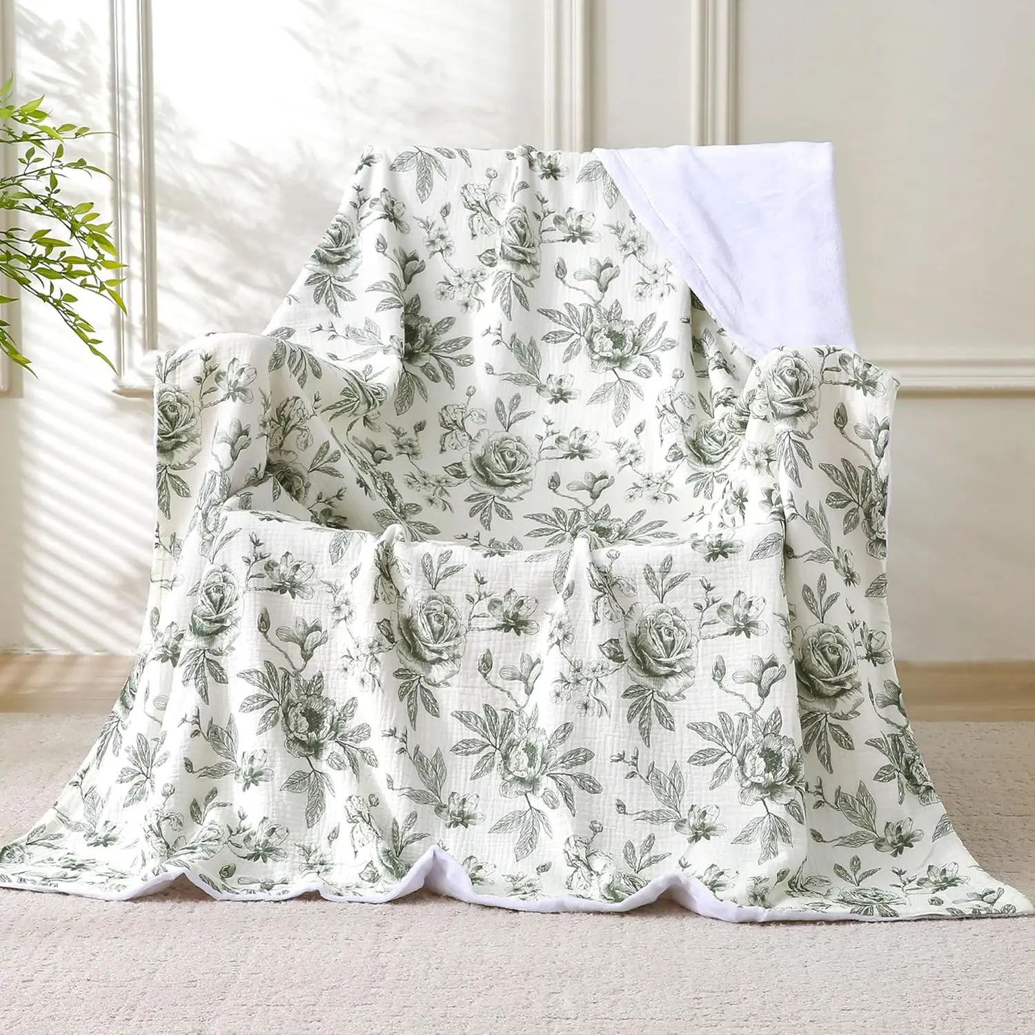 Muslin Blankets for Adults Reversible Throw Fleece & Gauze, Soft Cozy Lightweight Breathable Green Floral Blanket for Bed Couch, Double Layer Muslin Throw Cover 50"x70"