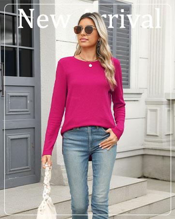 Wiholl Womens Long Sleeve Round Neck Shirts Side Split Basic Loose Tunic Tops Casual 2025 Crewneck Womenswear SpringStatements