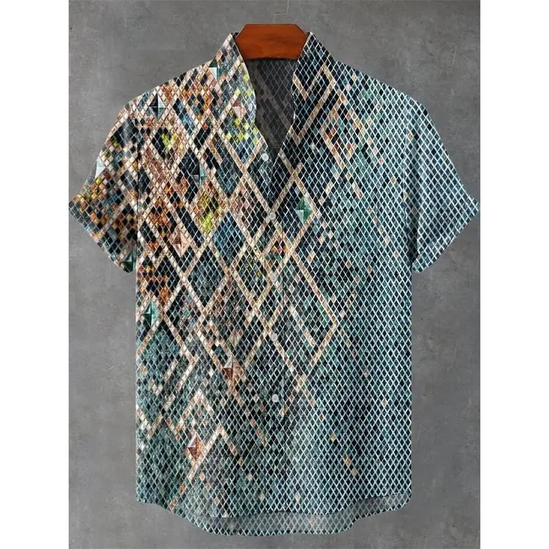 New Men's Vintage Linen Tropical Short-Sleeve Pattern Shirt - Menswear Tops for Summer Casual Holiday Wear, Shortsleeve