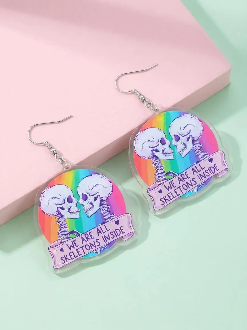 1 Pair Acrylic Dangle Earrings for Girls, "We Are All Skeletons Inside" Rainbow Skull Design, Cute Fashion Jewelry, Unique Personalized Gift, Stainless Steel Hooks, Transparent, Halloween Accessories