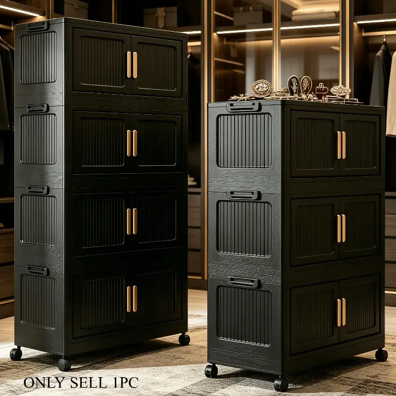 Stackable wardrobe storage cabinet, 3/4/5/6 layer black large capacity movable storage cabinet, convenient foldable plastic wardrobe organizer, double door storage box, space saving portable wardrobe with lid and door
