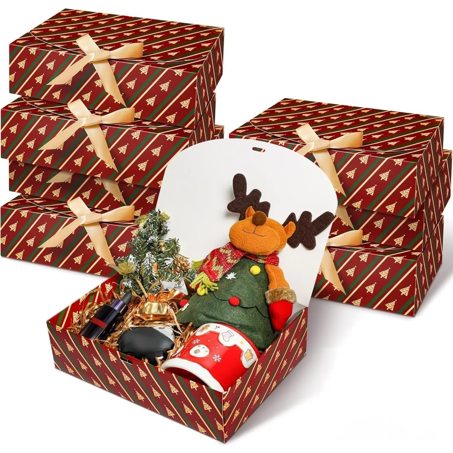 8 Set Christmas  Box with , 10.6''x8''x3''  Paper  Box, Christmas Tree Present Candy Cookie Boxes with Ribbon and 60 count Adhesive Dots, for Holiday Party Favor Supplies
