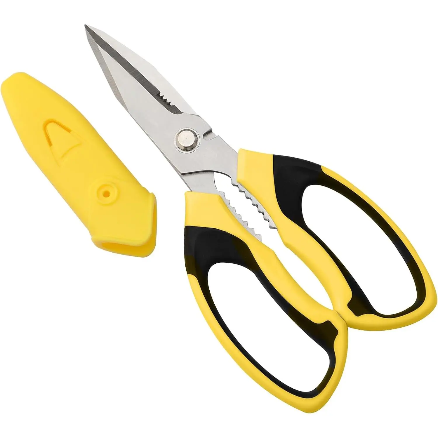8-Inch Stainless Steel Multipurpose Hand Shears with Yellow Grip, Serrated Blades for Cutting Carpet, Cardboard, Office Craft Tools