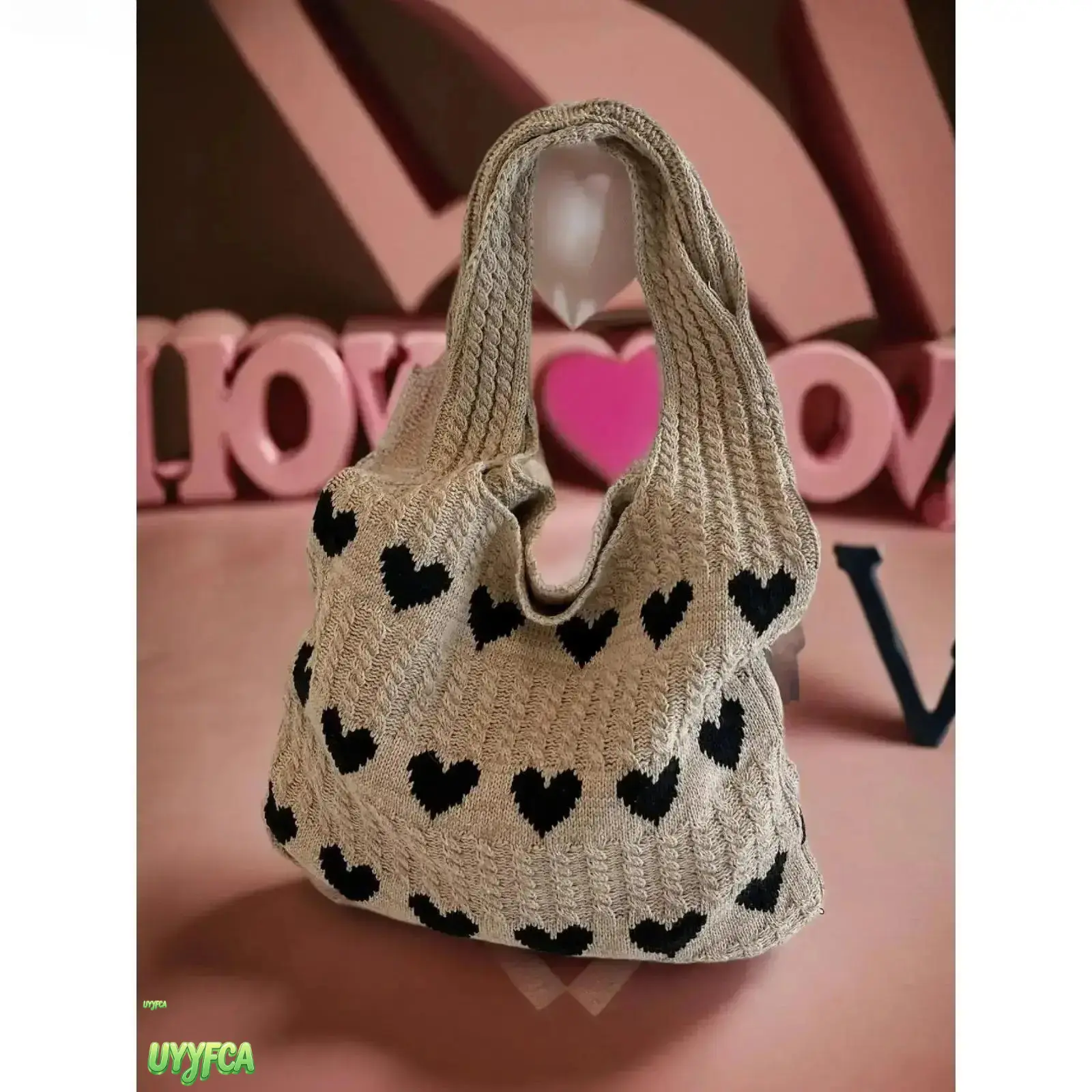 Cute Heart Pattern Handmade Crochet Tote Bag, Lightweight Polyester Shoulder Bag for Women, Large Capacity for Summer Beach, Travel & Daily Use, Casual, Heart Print, Open Top,back to school,back to school haul