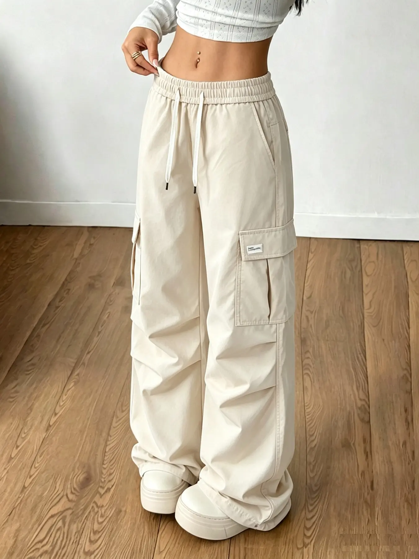 Fashion Women's Elastic Waist Cargo Pants, Wide Leg Multi-Pocket Baggy Loose Long Pants, Casual Streetwear Daily Wear Long Pants