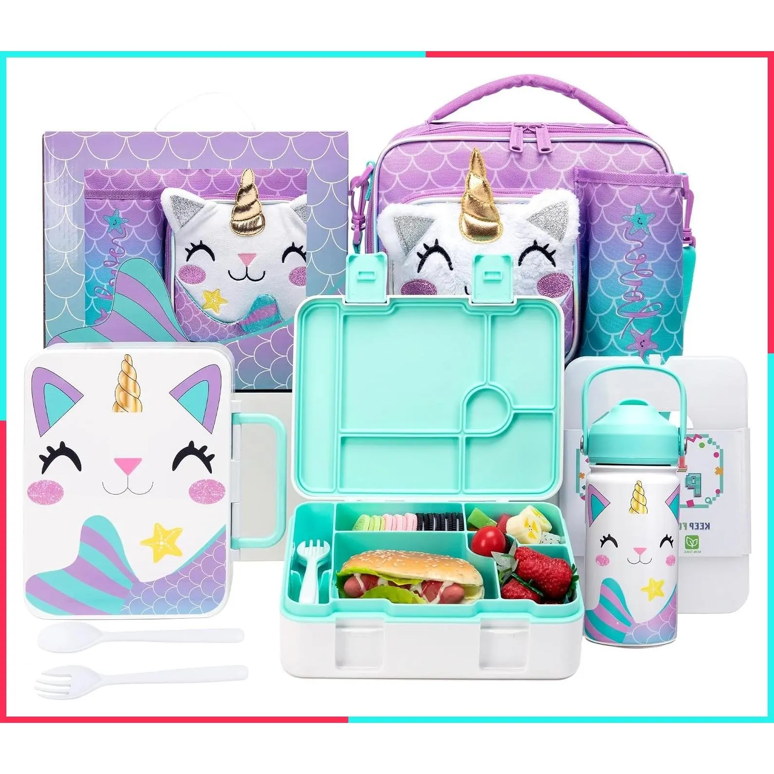 Cute Unicorn Lunch Box for Girls - Kids Bento Box Set with Ice Pack, Stainless Steel Water Bottle, Utensils Set & Food Containers, Perfect Back to School Supplies